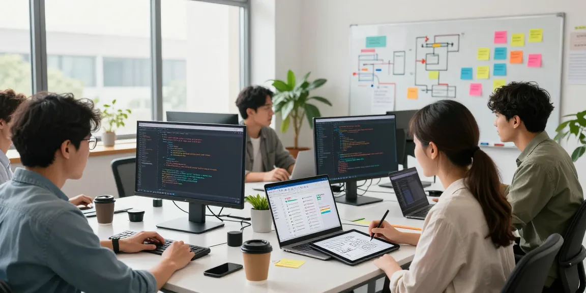 Dynamic team collaboration in a tech workspace focused on mvp development services, showcasing brainstorming and UI prototyping activities.