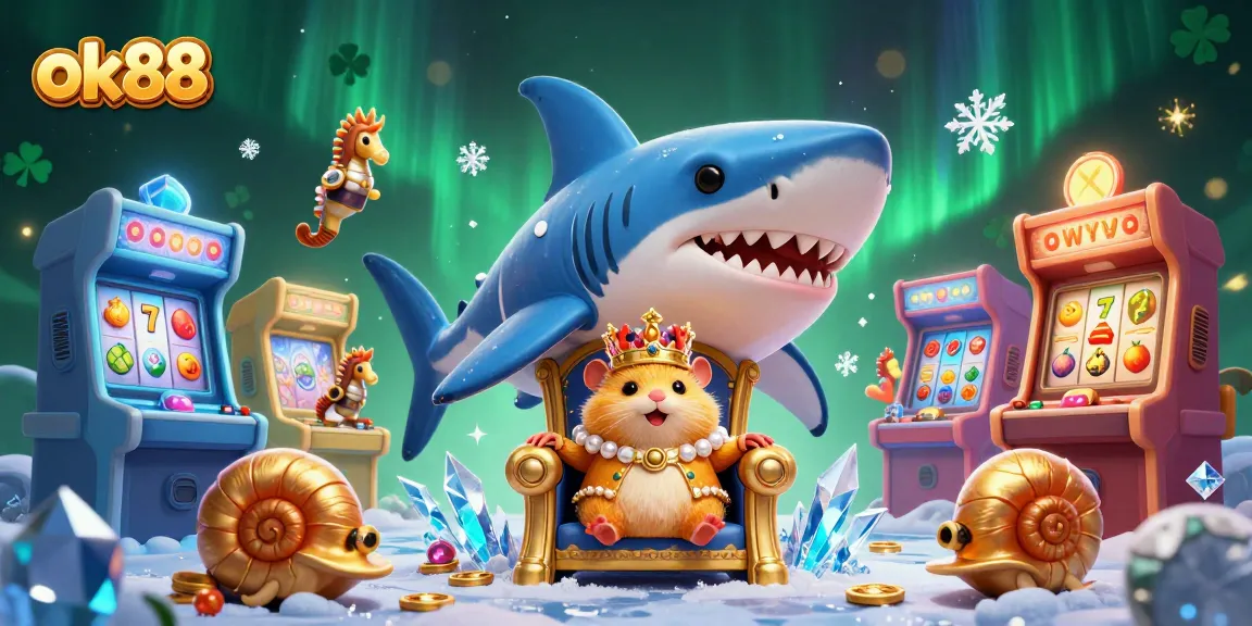 Engage in excitement with ok88 through vivid gaming scenes featuring a king hamster amidst slot games.