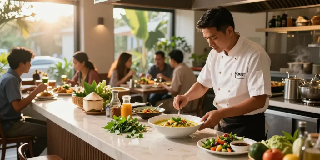 Vibrant culinary scene at kinalyrestaurant.com showcasing chef preparing authentic Thai cuisine with fresh ingredients.
