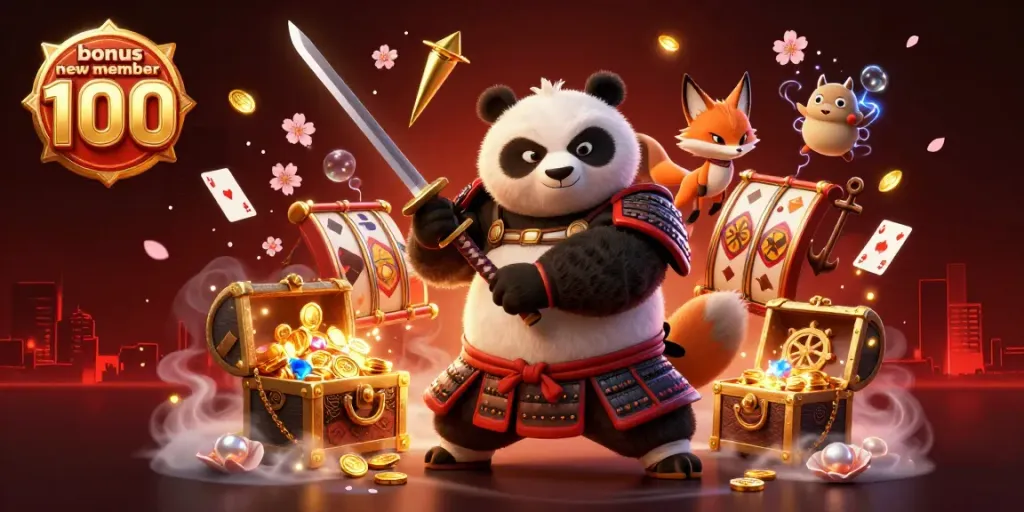Experience the thrilling gameplay of bonus new member 100 in a dynamic scene with samurai panda, ninja fox, and tanuki.