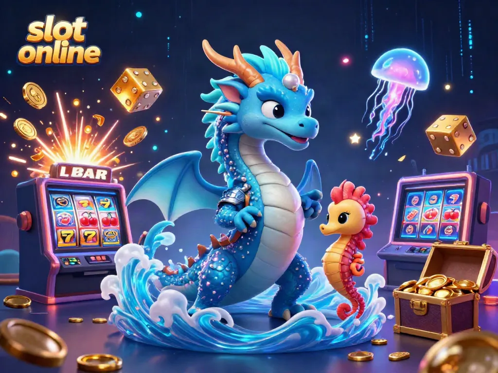 Gambarkan slot online dengan naga air, ksatria kuda laut, dan mesin slot megah.