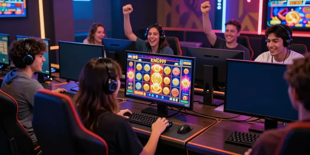 Exciting gaming environment featuring players celebrating a win on KING999 slot game.