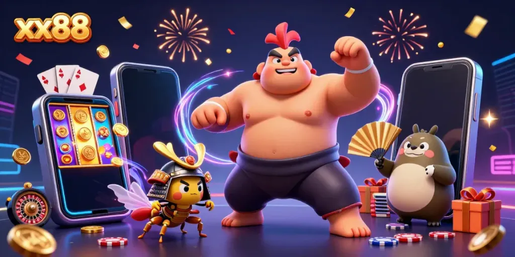 Engage in thrilling gameplay at xx88 with a dynamic 3D illustration featuring vibrant characters and casino elements.