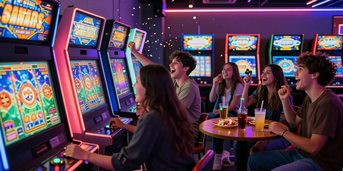 Friends celebrating while playing slot qris arcade games amidst vibrant neon lights.