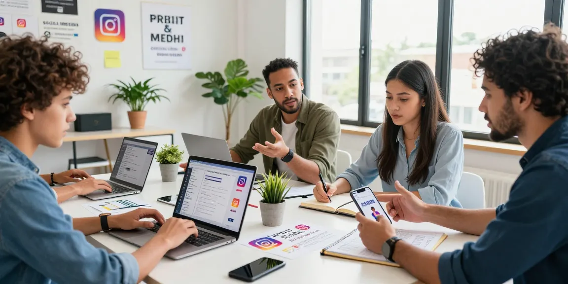 Marketing team strategizing on buying real Instagram likes in a bright, modern office.