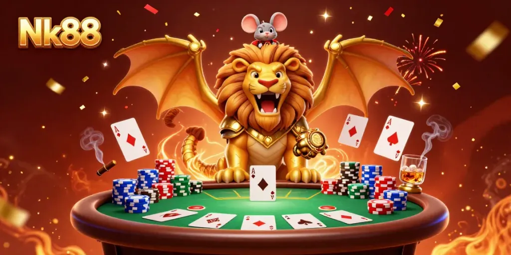 Experience the thrilling action of Nk88 with a vibrant casino scene featuring a roaring chimera and poker elements.