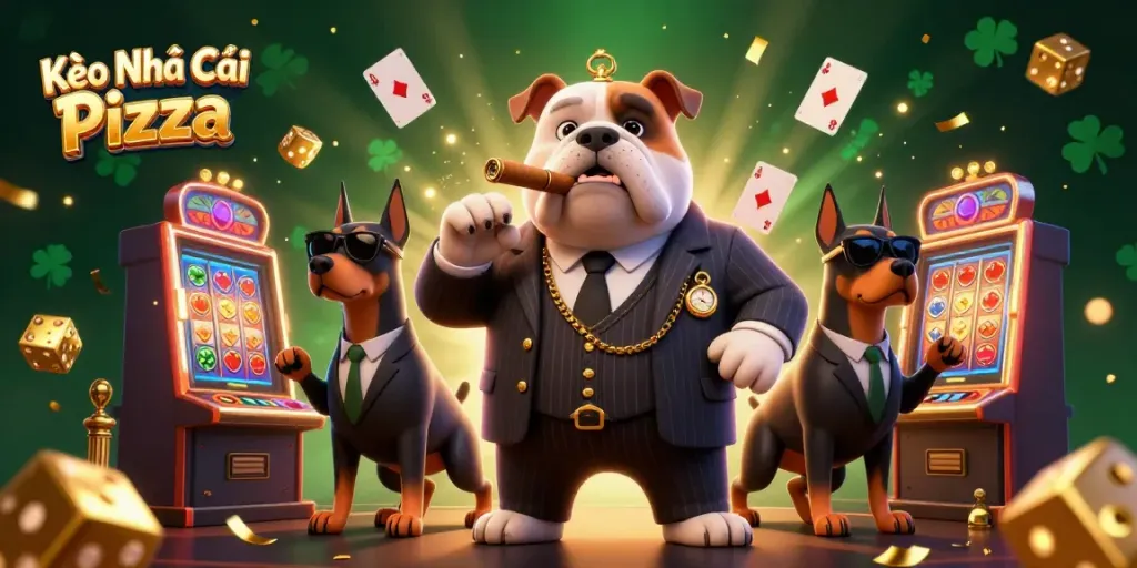Engage with Kèo Nhà Cái Pizza's thrilling gambling scene featuring cartoon characters and casino elements.