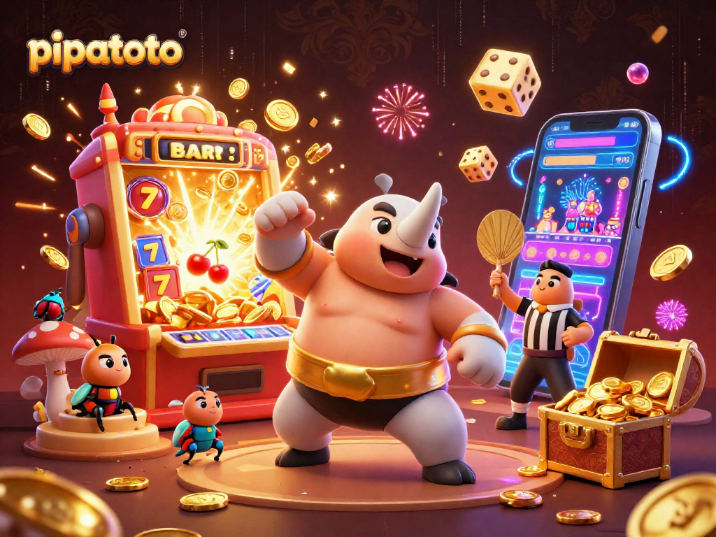Pipatoto's exciting 3D illustration with golden coins flying in a dynamic gambling scene featuring beetle characters.