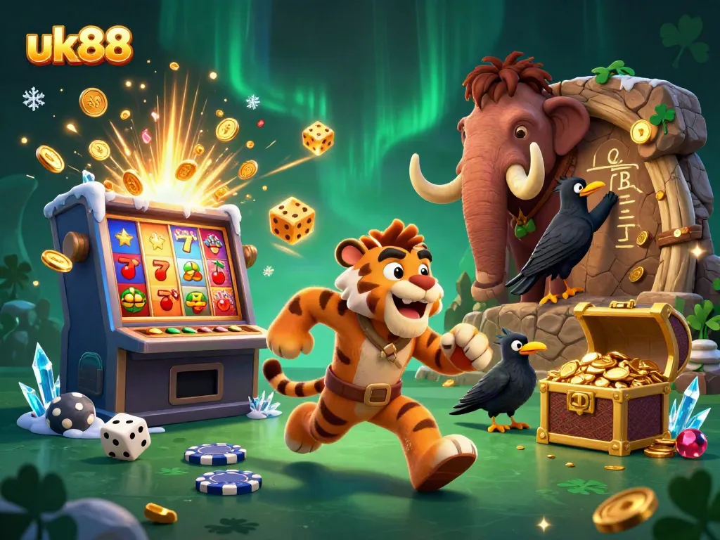 Experience the vibrant energy of uk88 with a 3D illustration of a prehistoric casino bursting with excitement.
