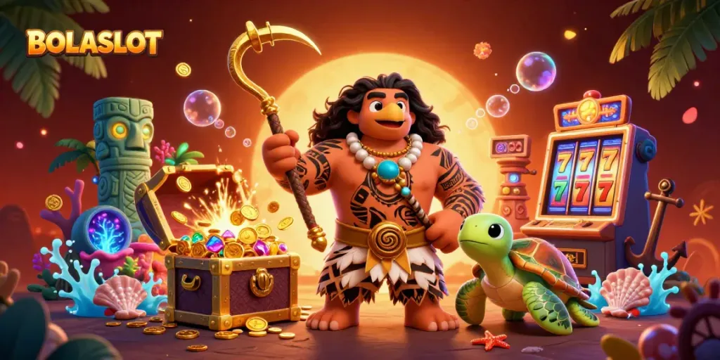 BOLASLOT showcases a vibrant 3D illustration of a demigod hawk and turtle with thrilling casino elements.