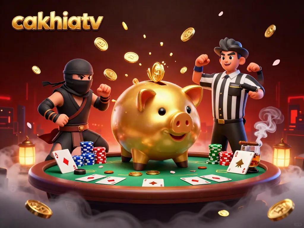 CakhiaTV features a lively scene with a golden piggy bank sumo wrestler exhibiting dynamic poker action.