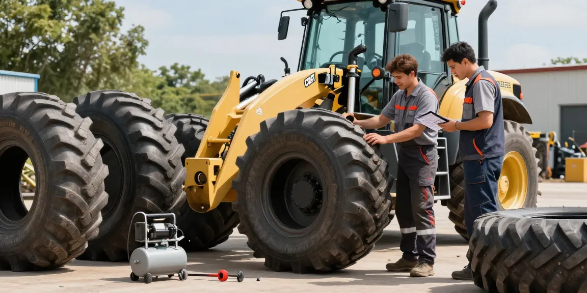 TLB tyres for sale being expertly fitted on a backhoe loader in a busy workshop.