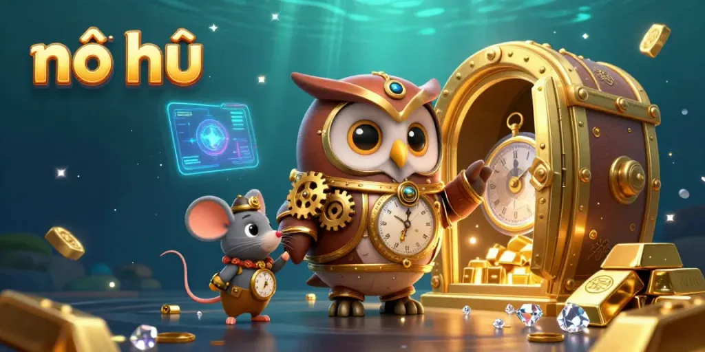 Experience the thrill of nổ hũ with our illustrated steampunk owl, gold treasures, and casino elements.