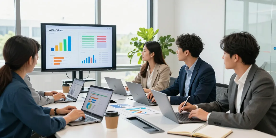 WPS Office team collaboration in a modern business setting with laptops and digital charts.