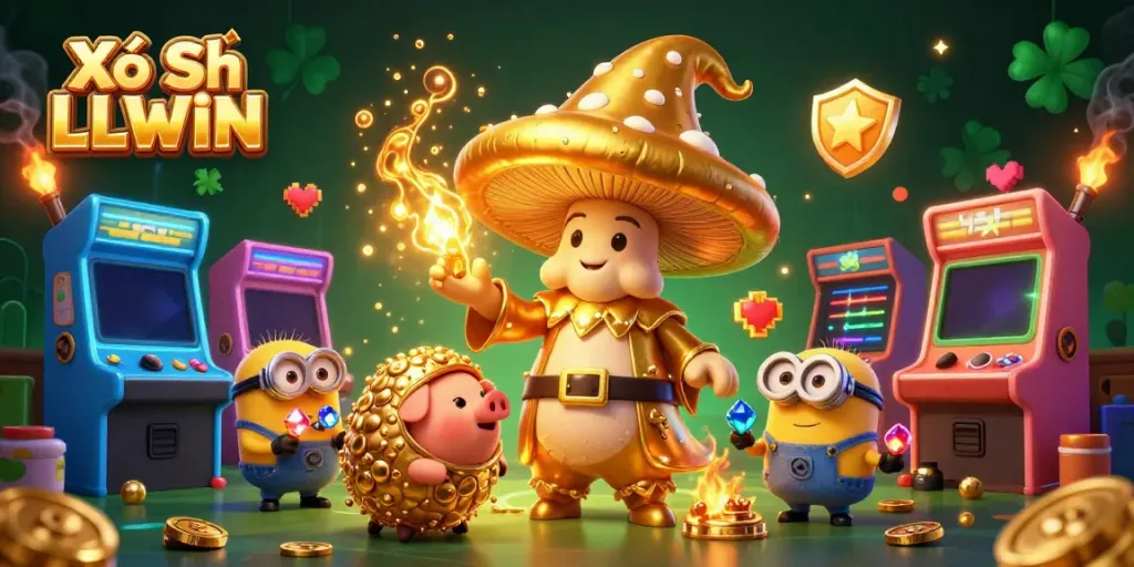Xổ Số LLWIN offers an enchanting lottery experience with golden elements, magic, and colorful gaming machines.