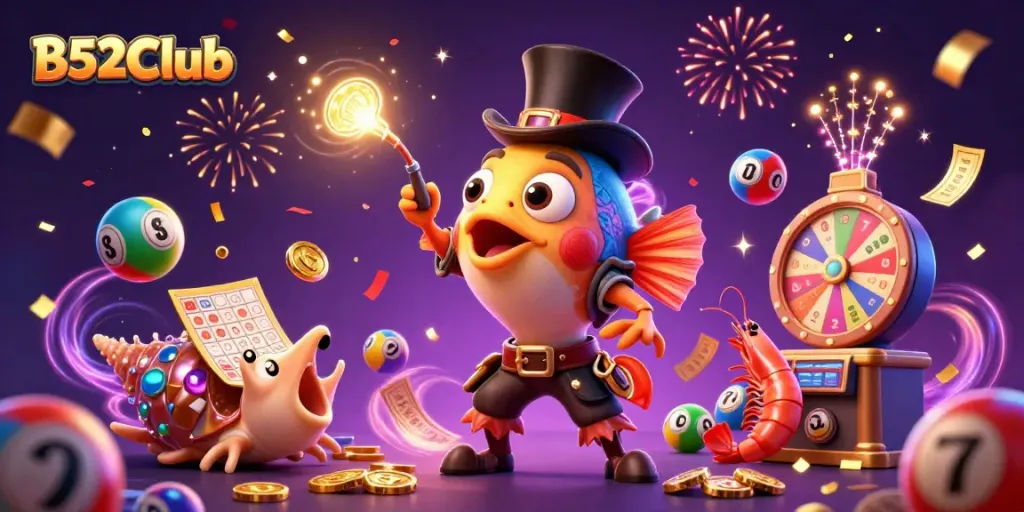 B52Club's dazzling gaming scene featuring an anglerfish, pirate shrimp, and treasure snail amidst colorful lottery elements.