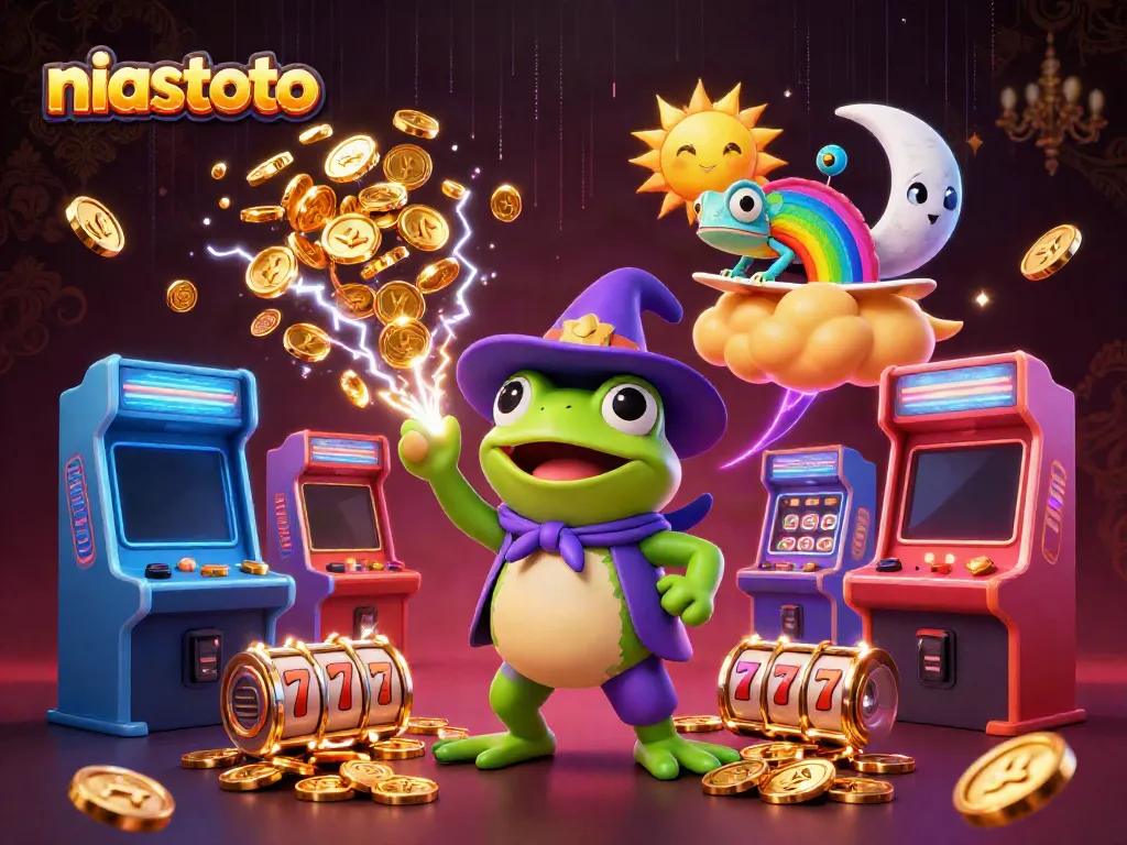 Experience niastoto's exciting world with a wizard frog and chameleon amidst a storm of golden coins.