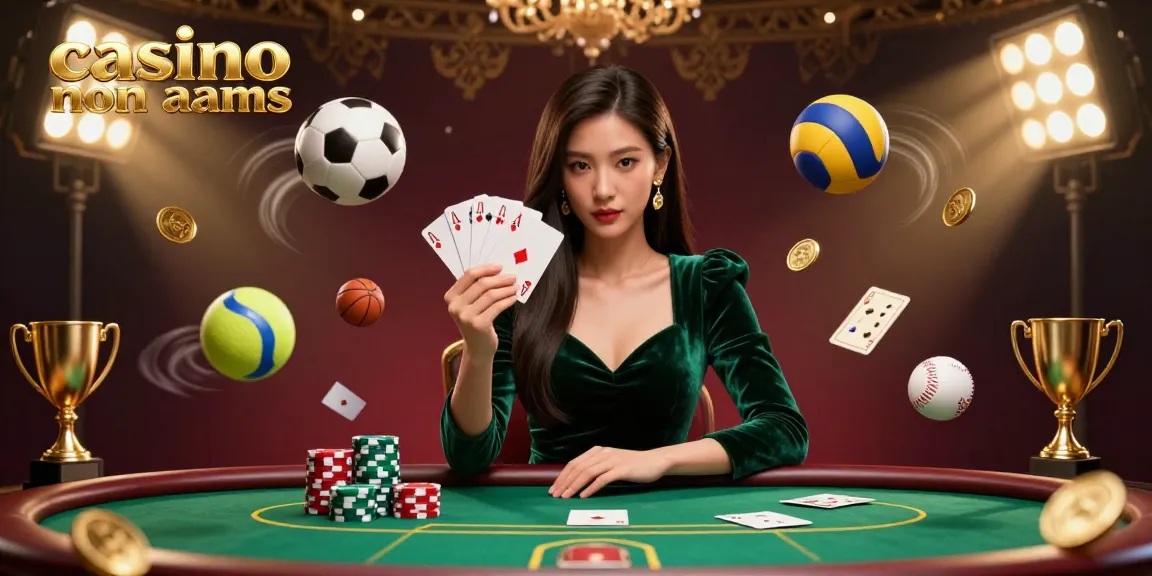Bellissima donna asiatica gioca a carte a un tavolo di un lussuoso casino non AAMS, circondata da dinamici elementi di scommesse sportive.