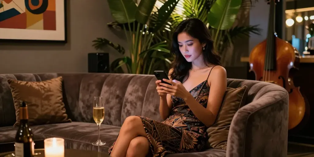 Elegant call girls relaxing in a luxurious lounge setting with champagne