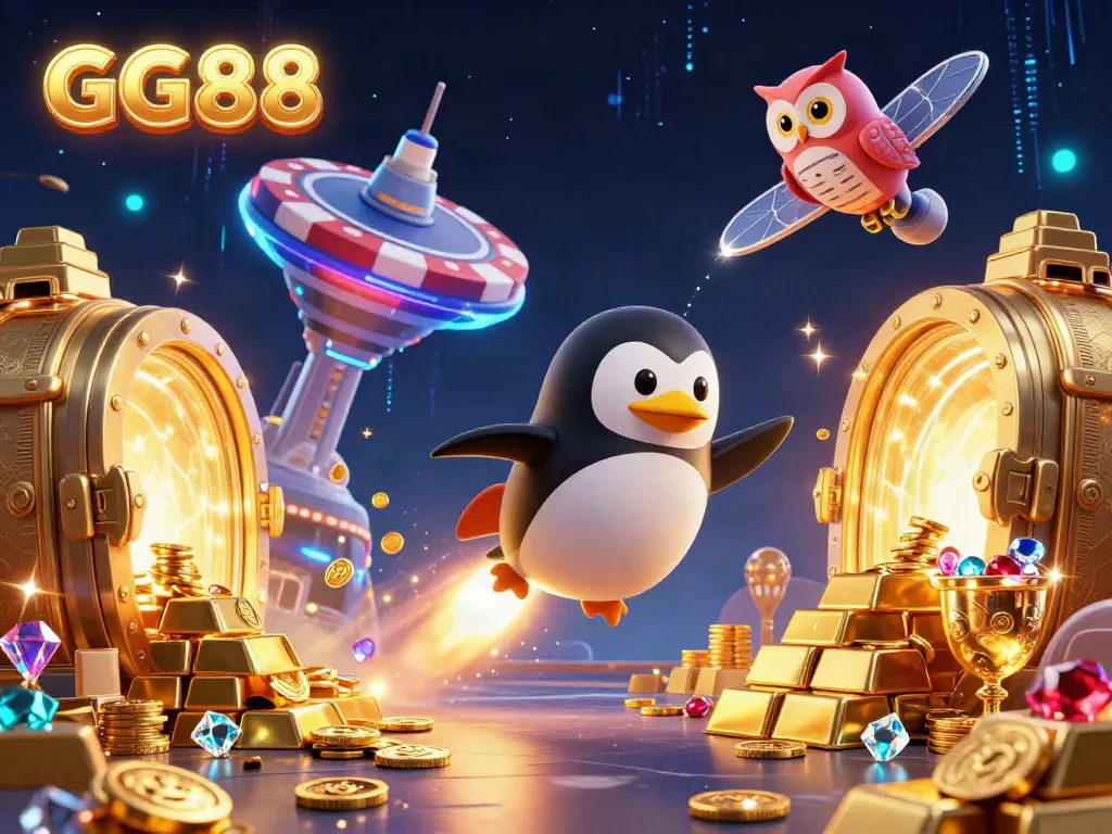 Experience thrilling casino action with GG88 as a golden penguin zooms to a poker chip space station.