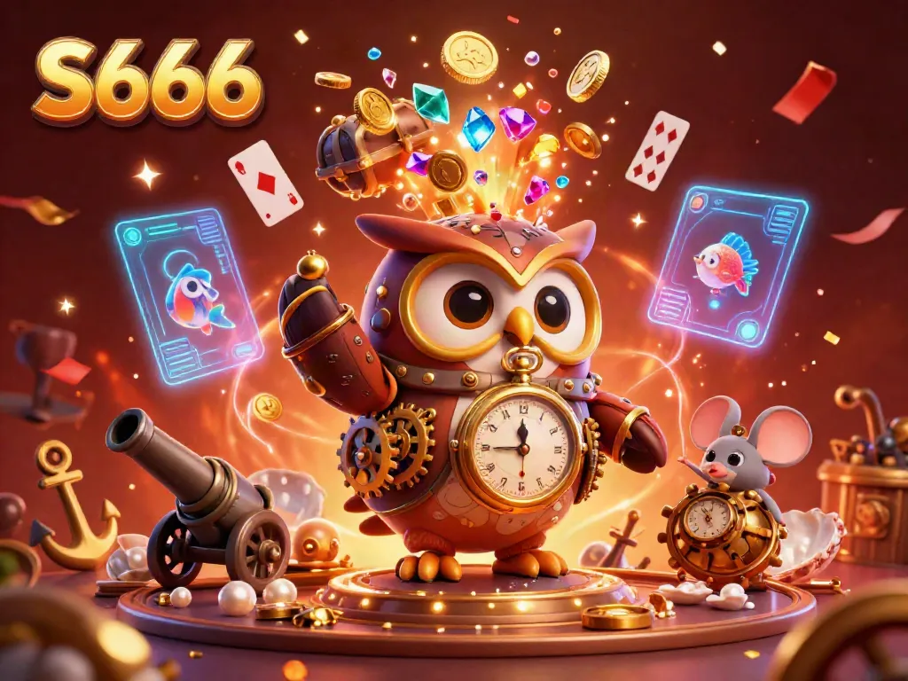 S666 captivates with a steampunk-styled owl and mouse amidst a casino explosion of gold coins and sparkling energy.