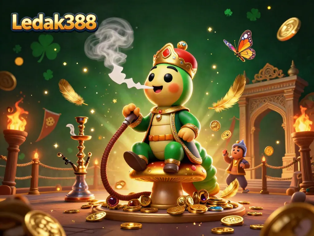 Experience Ledak388 with a magical casino world where a whimsical caterpillar masters poker and riches.