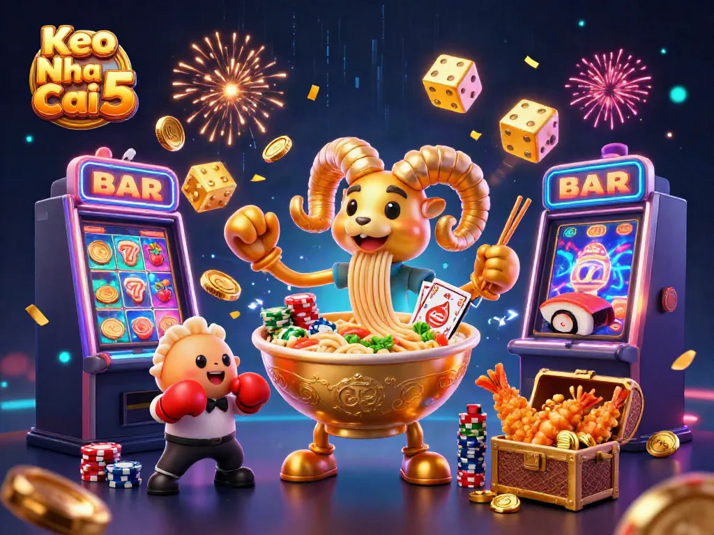 Engage with the vibrant Keo Nha Cai 5 scene showcasing a golden ramen bowl dealer amidst a jackpot celebration.