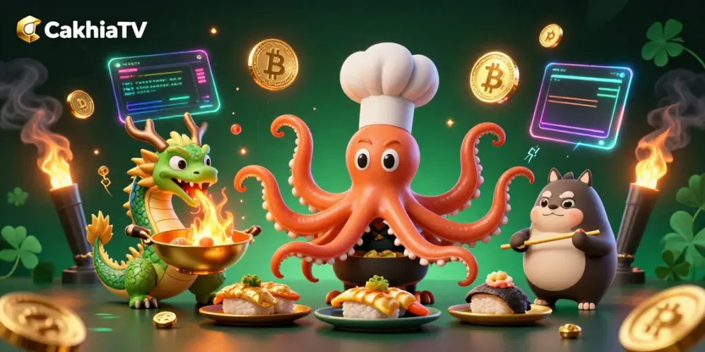 CakhiaTV showcases vibrant 3D characters preparing gourmet dishes amidst crypto-themed elements in an exciting environment.