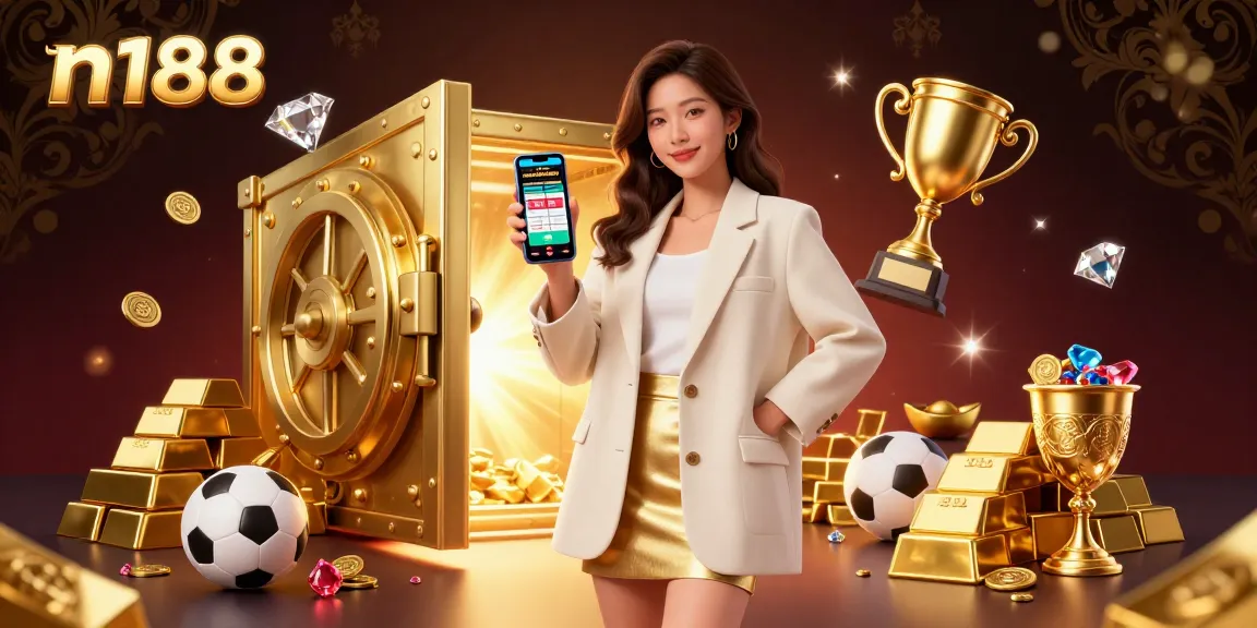 Enjoy the excitement of n188 with a beautiful Asian woman holding a sports betting app in a dynamic casino scene.