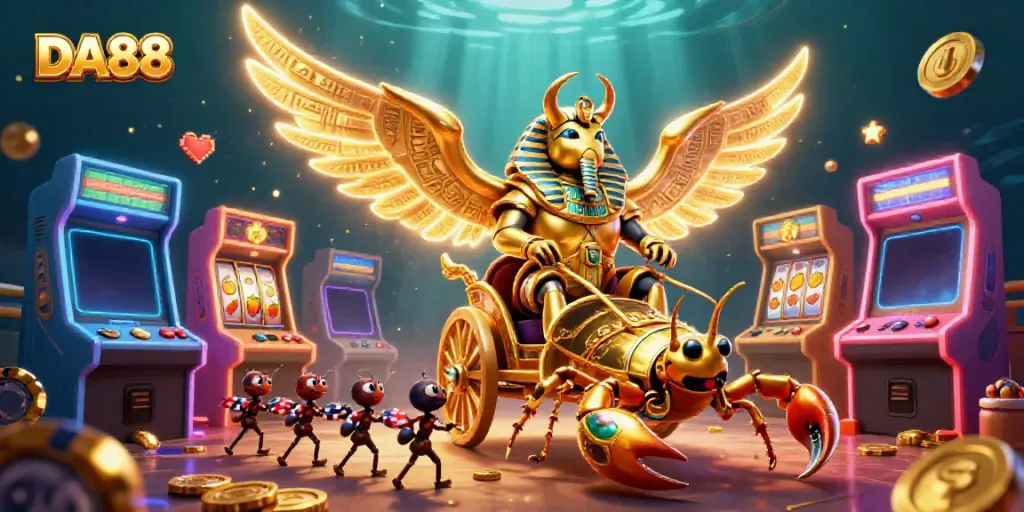 Engage with DA88's gaming universe, featuring a golden scarab beetle charioteer and dazzling slot machines.