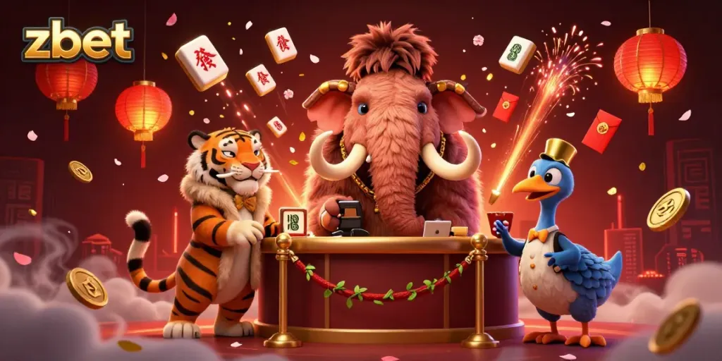 Experience winning at zbet with a lively 3D casino scene featuring a woolly mammoth bouncer and vibrant elements.