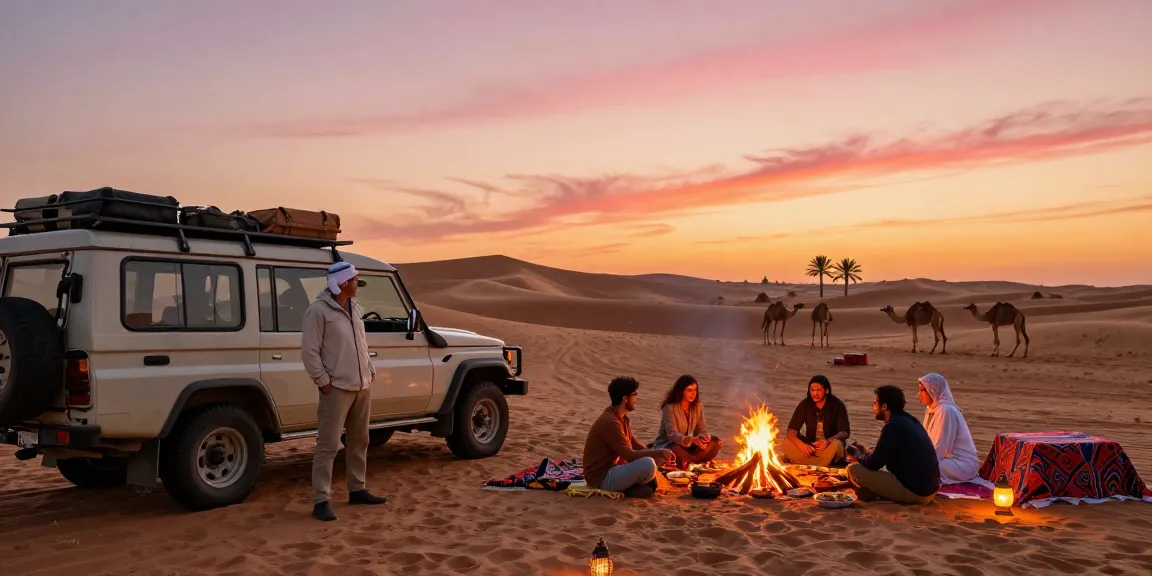 Enjoy a slot in a desert safari adventure featuring vehicles, sunset, and camaraderie.