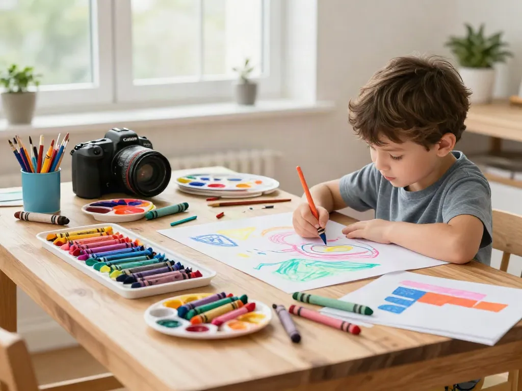 Child using colorful crayons from a crayon supplier to create art on a wooden table.