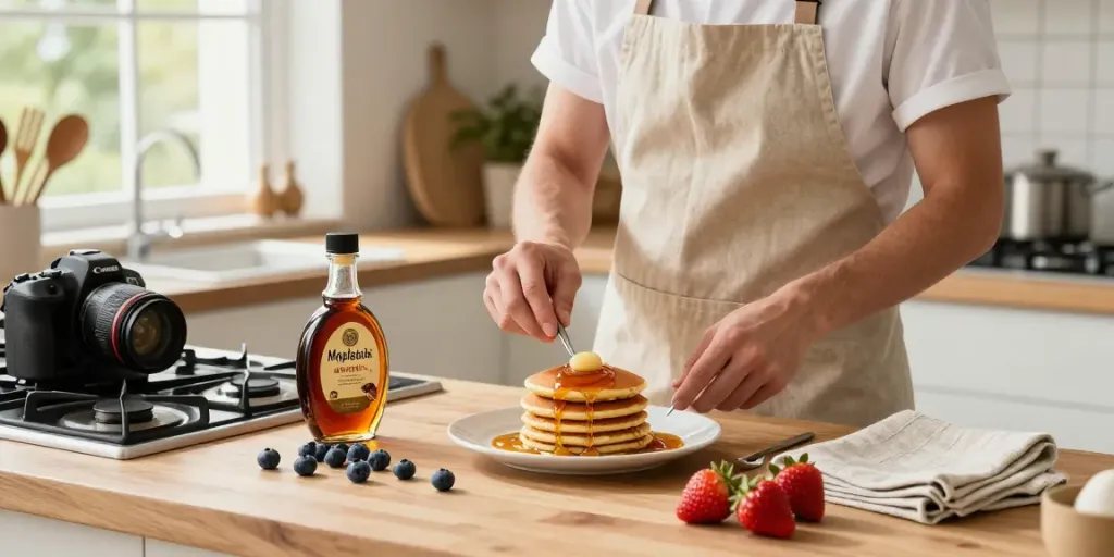 Maplelixir drizzled over pancakes in a cozy gourmet kitchen.