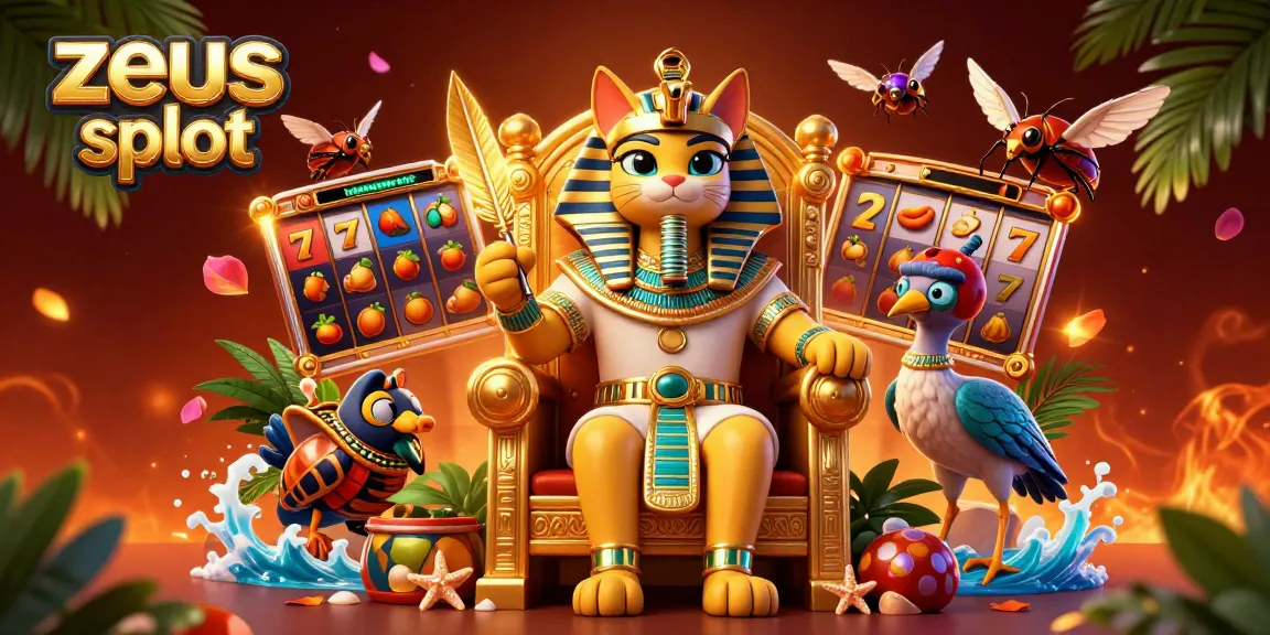 Spin and win on the zeus slot with a vibrant casino scene featuring an Egyptian pharaoh cat.