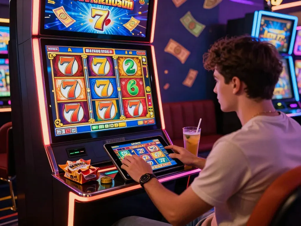 Player enjoying a Lucky777 slot game on a tablet with vibrant visuals and neon glow.