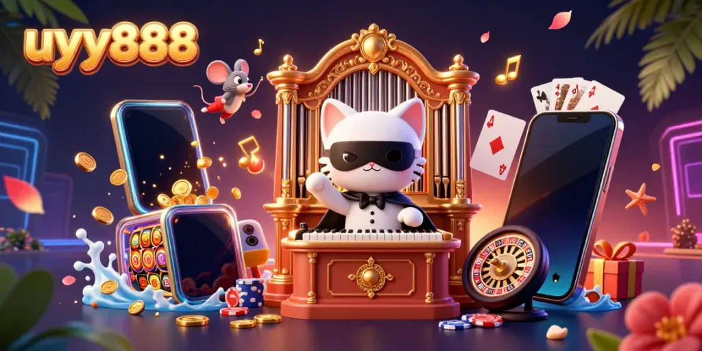 Experience the excitement at uyy888 with a whimsical 3D casino scene featuring thrilling games and characters.