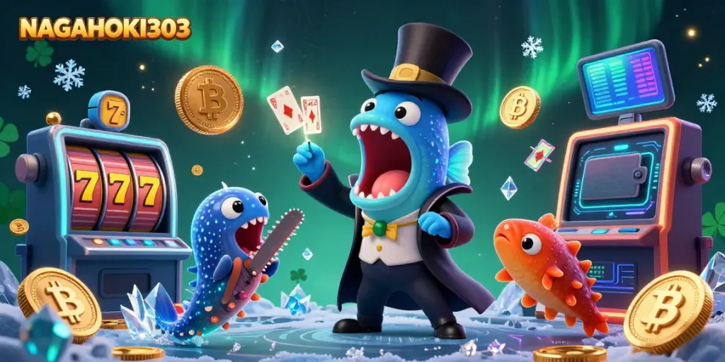 Engage with NAGAHOKI303's vibrant casino setting, showcasing animated sea creatures in magical gaming acts.