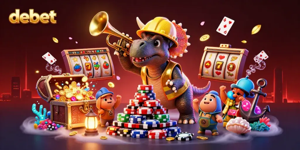 Experience the thrill of debet gaming with a triceratops and slot treasures in an engaging scene.