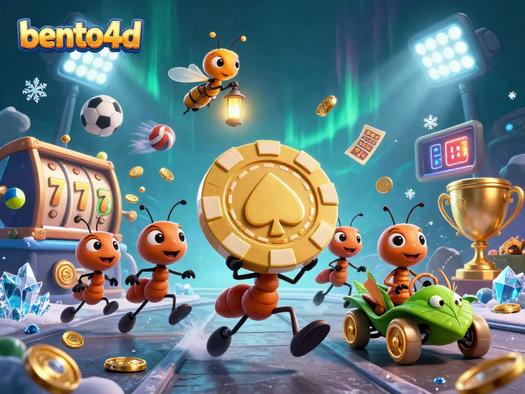Bento4d ants orchestrating a heist with poker chips, surrounded by vibrant casino elements.