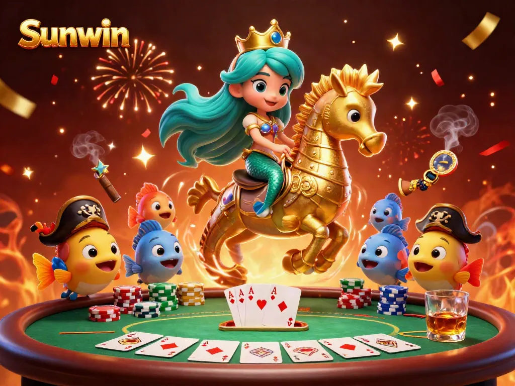 Experience the thrill of Sunwin with a vibrant 3D casino scene featuring a mermaid princess and poker elements.