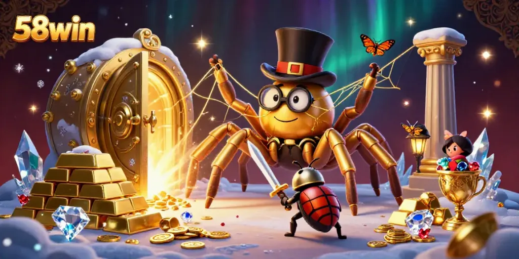 Experience the thrill of 58win with a dynamic casino scene featuring adventurous characters and treasures.