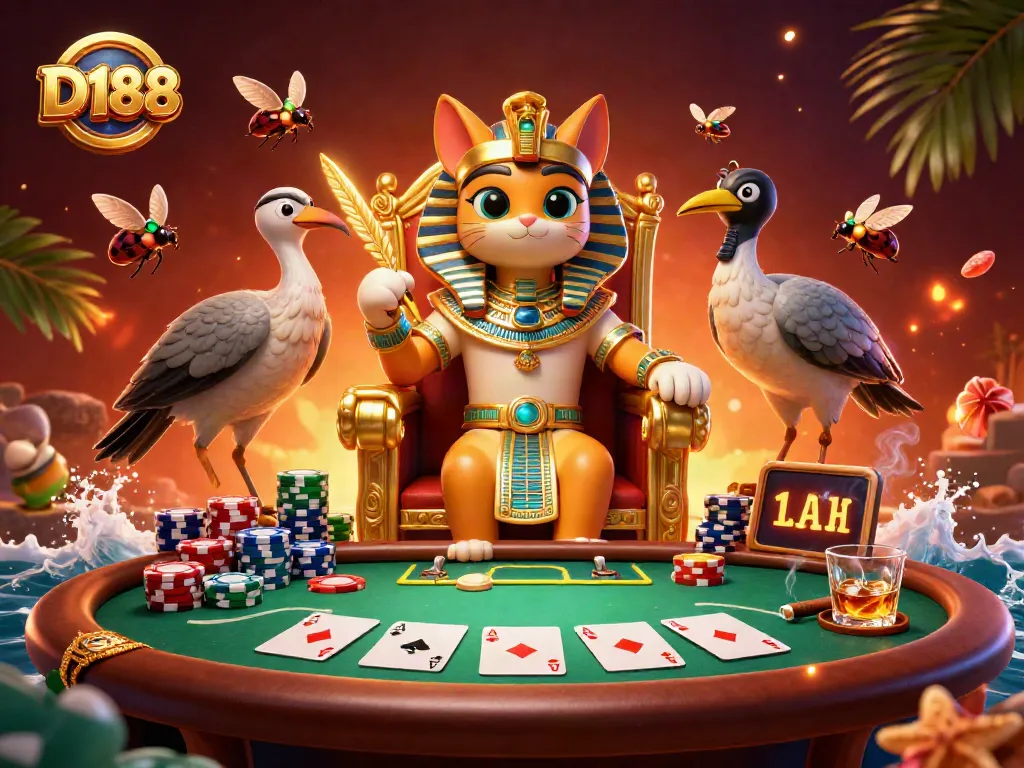Engage with D188 - a vibrant scene featuring an Egyptian pharaoh cat at a poker table.