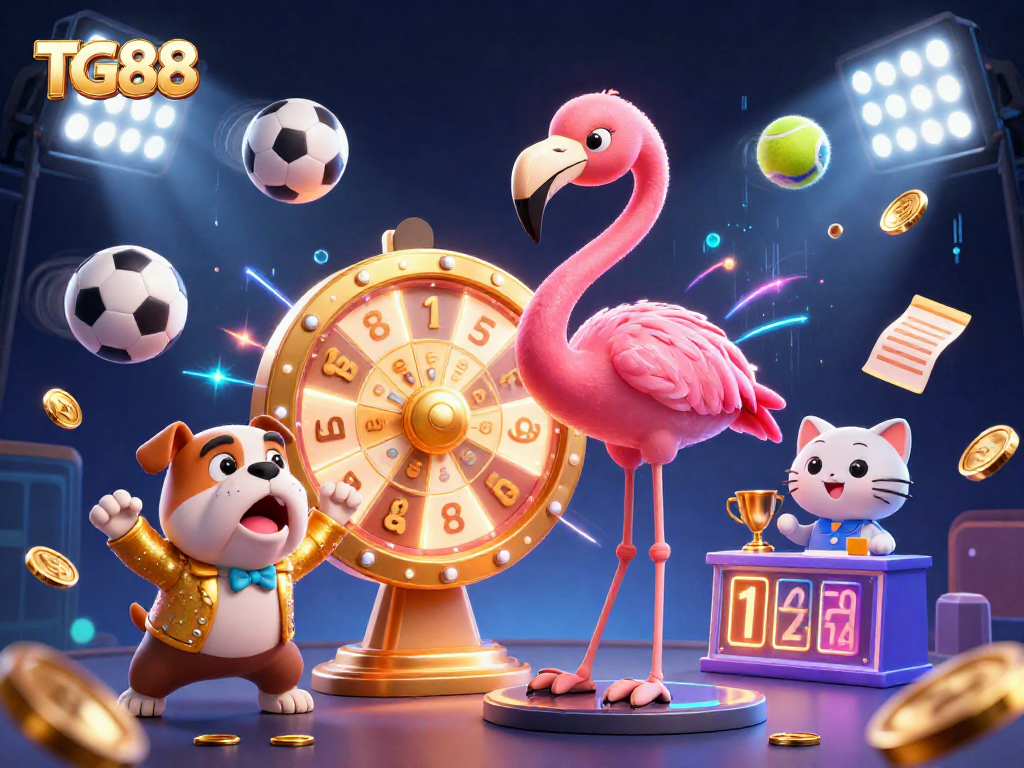 Win at TG88 with an engaging 3D casino game scene featuring sports and prizes.