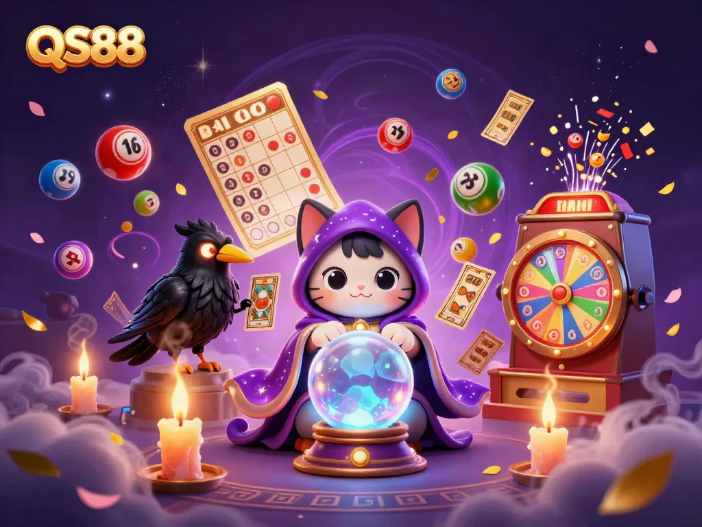 Experience magical excitement at QS88 with vibrant lottery elements and a mystical cat.