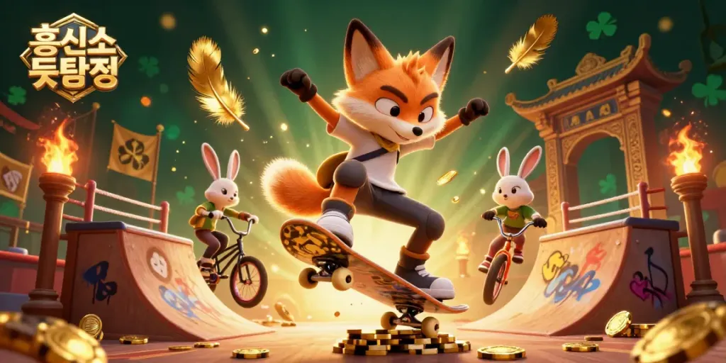 Engaging scene with a 3D cartoon skateboarder fox and BMX rabbit highlights 흥신소 굿탐정 in a vibrant casino-themed illustration.