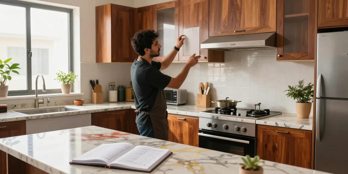 شراء مطابخ مستعملة بالرياض, person examining a high-quality used kitchen with natural light.