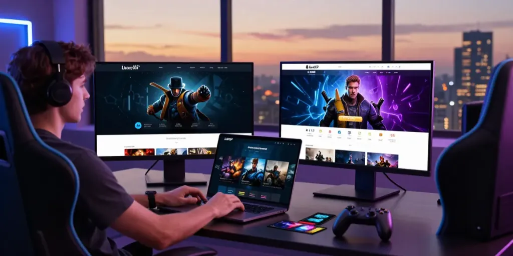 Interactive Luxury333 gaming platform displayed on a laptop with vibrant graphics and a city backdrop.