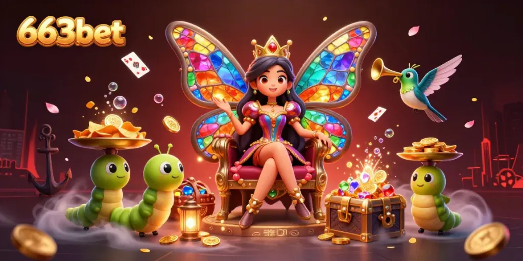 Experience the excitement of 663bet with a vibrant illustration showcasing gambling elements and imaginative characters.