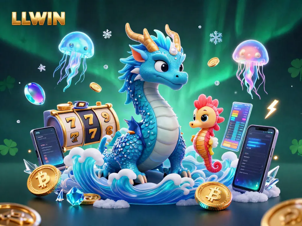 Experience LLWIN with the vibrant dragon, seahorse knight, and neon jellyfish in this dynamic casino scene.
